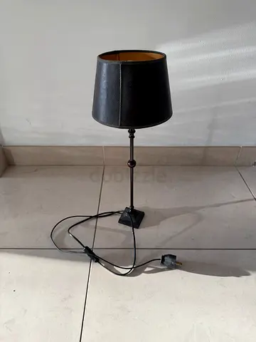 Black table lamp with brown drum shade, good condition, asking AED 60