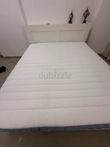 King size bed frame with mattress - white wooden headboard, good condition