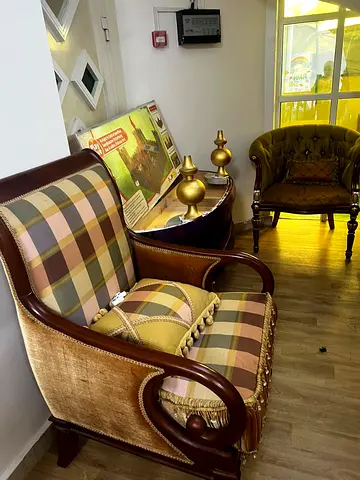 Pair of vintage upholstered armchairs with wooden frame - good condition