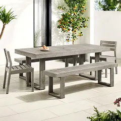 West Elm Solid Wood Outdoor Dining Table set with Chairs & bench - Weathered Grey