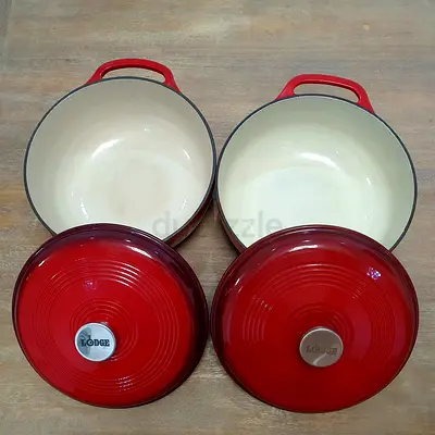 Set of 2 Red Enamel Cast Iron Casseroles / Dutch Ovens. No offers