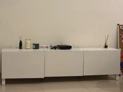 White low TV media cabinet - 3-door modern sideboard