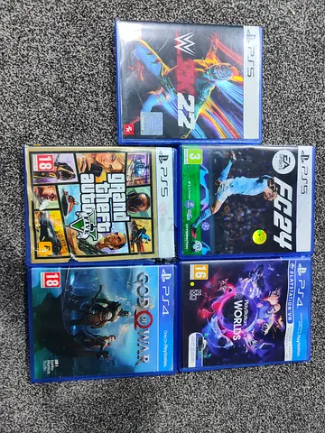 PS4 & PS5 Games Bundle — FIFA 24, GTA V, $%& of War, WWE 2K22, PS WORLD (Used)