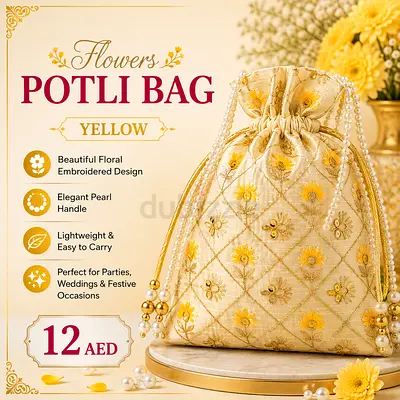 Yellow Floral Embroidered Potli Bag with Pearl Handle