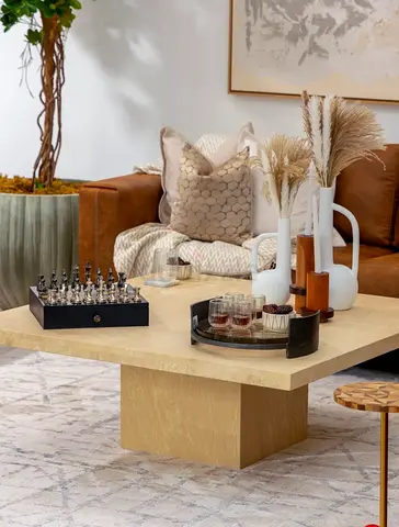 Square Travertine Marble Coffee Table with Central Pedestal Base - Light Beige Chattles and More