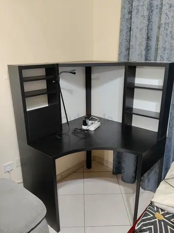 Corner computer desk with shelving - dark wood with free light - price negotiable - made in IKEA
