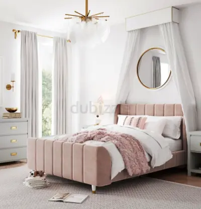 Modern Upholstered Velvet Bed Frame in Pink