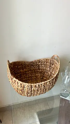 Round woven seagrass storage basket with handles - good condition