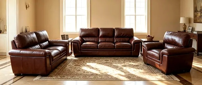Brown leather 3-piece sofa set — 3-seater, 2-seater and armchair in good condition