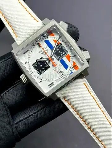 Tag Heuer Monaco-style square chronograph Master Quality watch with white dial and Gulf stripes