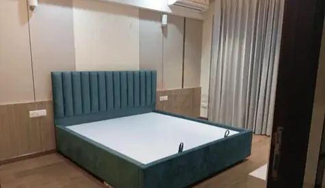 Queen upholstered bed frame with storage - teal
