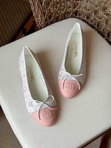 Chanel Pink Cap-Toe Tweed Ballet Flats - Size Noted Inside