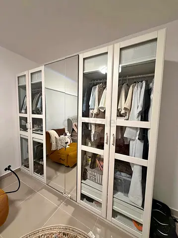 White mirrored wardrobe with glass-paneled doors, good condition