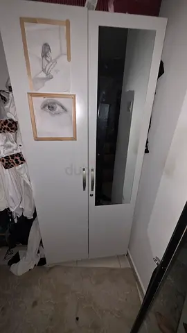 White 2-Door Wardrobe with Mirror - Good Condition