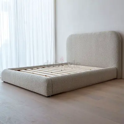 Modern Boucle Upholstered Bed Frame with Curved Headboard