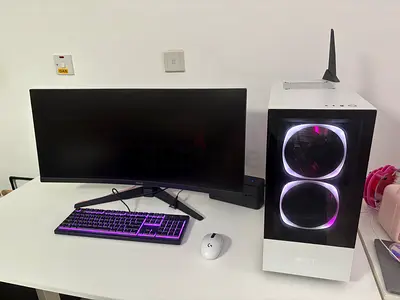 Gaming PC Setup with Ultra Wide Monitor and Adjustable Desk