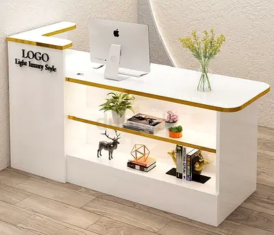 Modern  Reception Desk with Shelves and Gold Trim