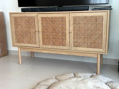 Solid wood media cabinet with woven rattan doors - light oak finish