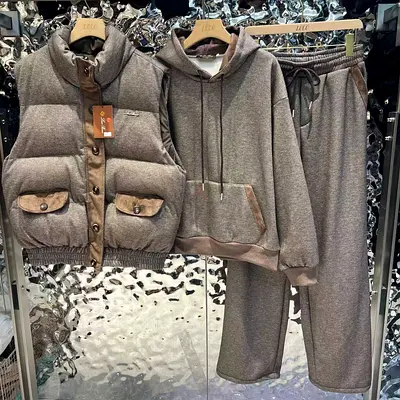 3-Piece Grey Winter Set with Puffer Vest Hoodie and Sweatpants