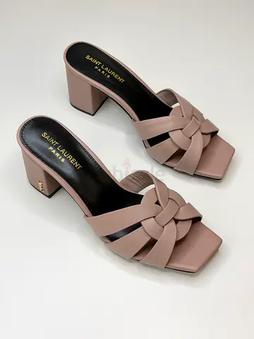 Saint Laurent pink leather woven block heel mules - size not specified