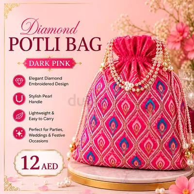 Dark Pink Diamond Embroidered Potli Bag with Pearl Handle