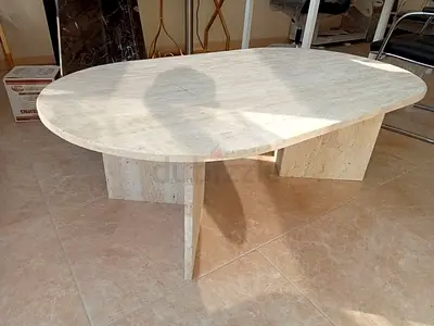Luxury Custom Made Stone Dining Table with Natural Travertine Top, Rounded Edges and Contemporary Su