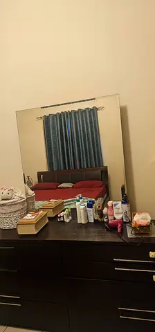 Dark wood dresser with large mirror - good condition and bed plus side tables for free