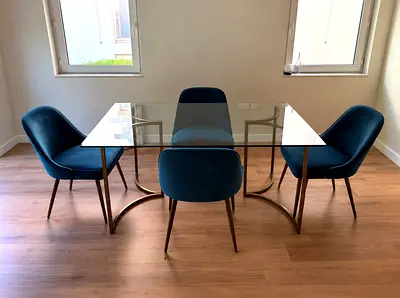 West Elm Glass Top Dining Table with 4 Upholstered Chairs