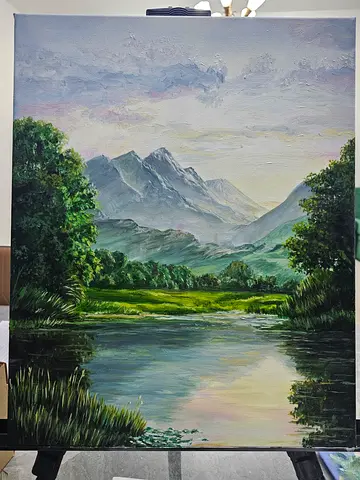 Original Nature Wall Decor – Mountain Peaks & Reflective Lake Canvas Oil Painting