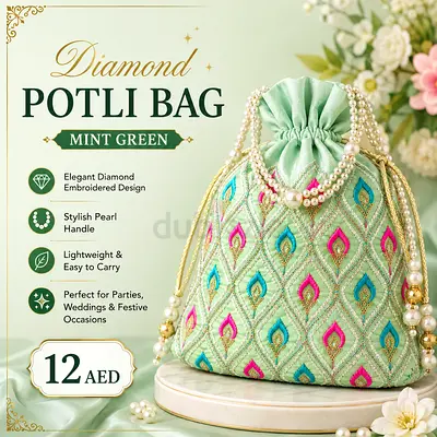 Mint Green Diamond Embroidered Potli Bag with Pearl Handle