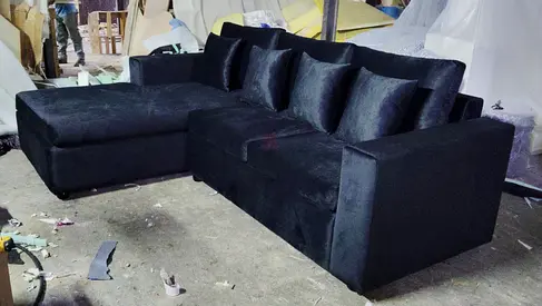 Large L-shaped Black Fabric Sofa with Chaise and Cushions