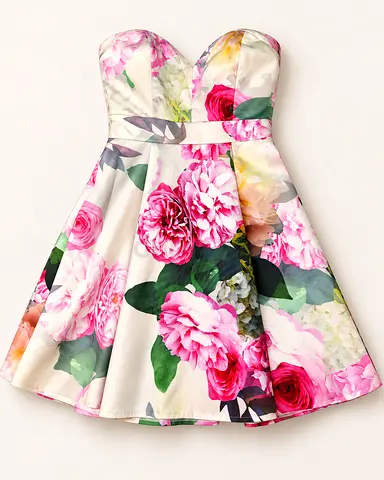 Strapless Floral Party Dress, Fit-and-Flare, Size Unknown