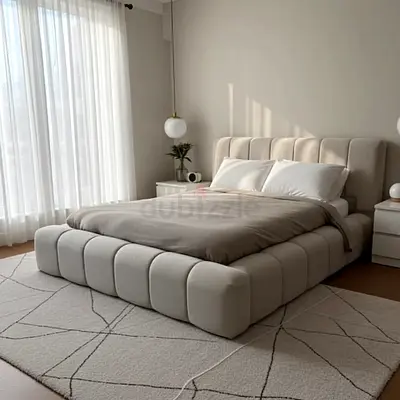 Brand new customised Low-profile beige upholstered platform bed with padded headboard (queen)