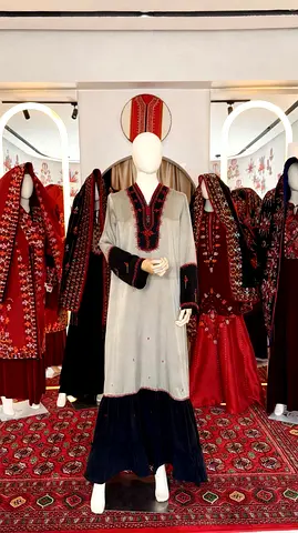 Embroidered Traditional Long Dress (Abaya-style) in Grey & Black with Red Detailing