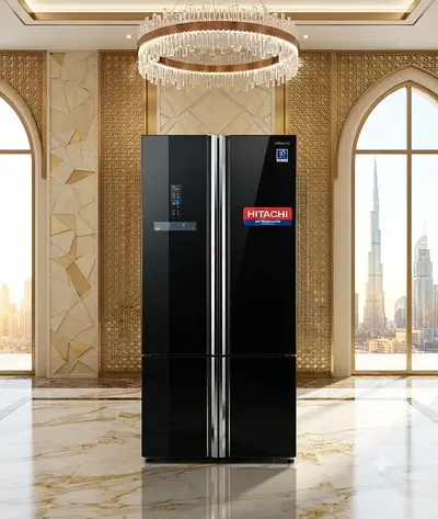 Hitachi 4-Door Refrigerator – Top Fridge & Bottom Freezer | Black Glass