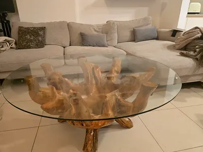 Teak root real natural wood round glass contemporary modern coffee table
