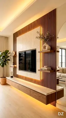 Modern floating TV entertainment unit with wood slat feature wall