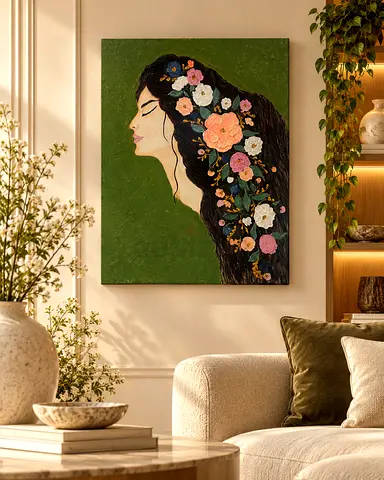 “Floral Serenity” – Textured Mixed-Media Portrait Painting