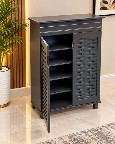 Compact Black Wooden Shoe rack 2 Doors
