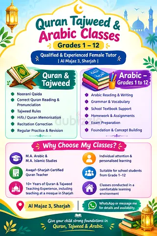 Quran Tajweed & Arabic Classes – Grades 1–12 | Qualified & Experienced Female Tutor