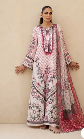 Light Pink Floral crape Pakistani Straight Suit with Dupatta - Size L