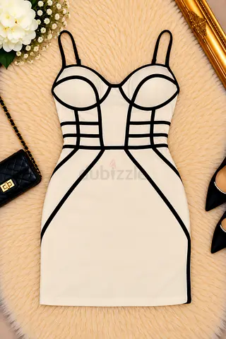 White bodycon dress with black piping, fitted bust and straps