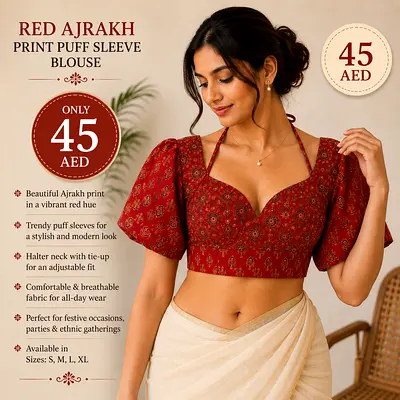 Red Ajrakh Print Puff Sleeve Blouse