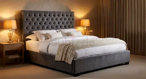 Grey upholstered king-size bed with tufted headboard