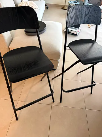 Set of IKEA 2 black bar stools with wooden seats and metal frame