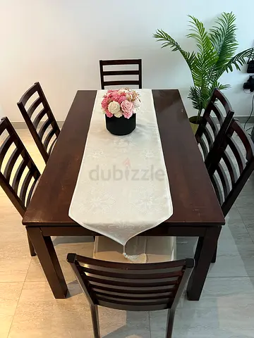 Solid Wood 6-Seater Dining Table with Chairs - Dark Brown