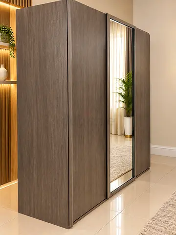 Modern 3-Door Wardrobe with Sliding Mirror Doors - Grey Wood Finish