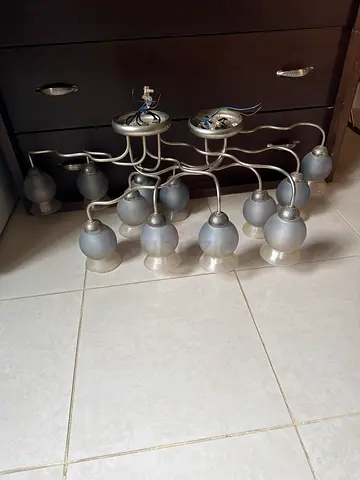 6 light brushed nickel chandelier with frosted glass shades - good condition 2 pieces