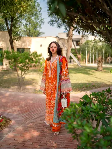 Aneelas Orange luxury embroidered 3 piece with chiffon dupatta - size M