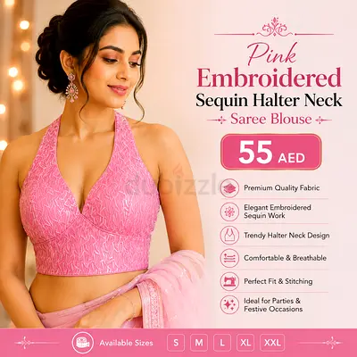 Pink Embroidered Sequin Halter Neck Saree Blouse